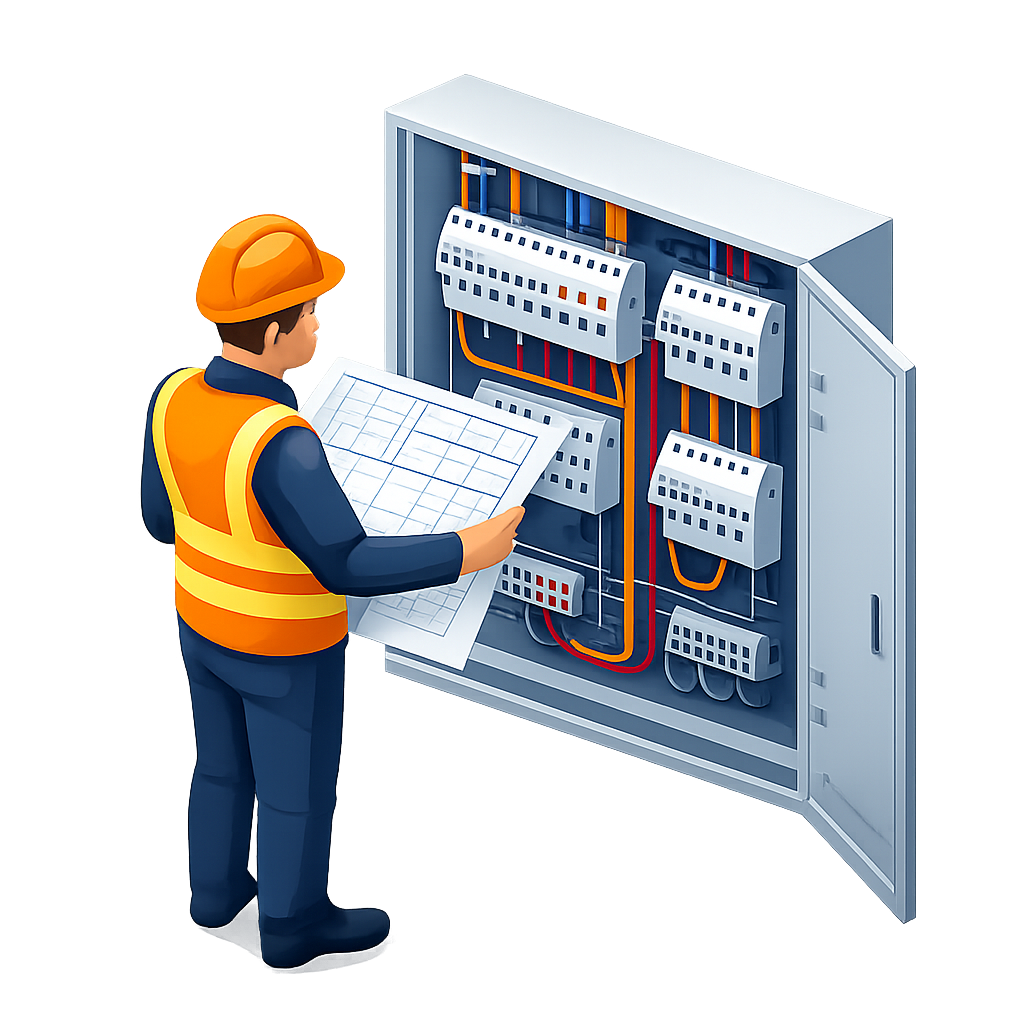 Technicien devant un tableau électrique