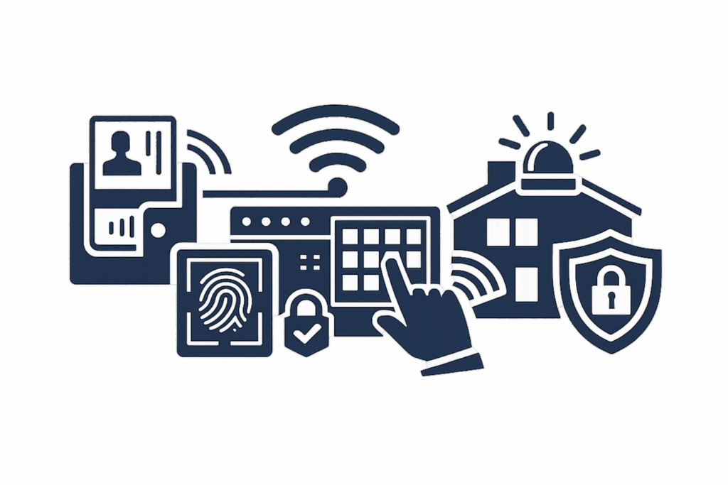 Icône contrôle d’accès & anti-intrusion – badges, biométrie & protections