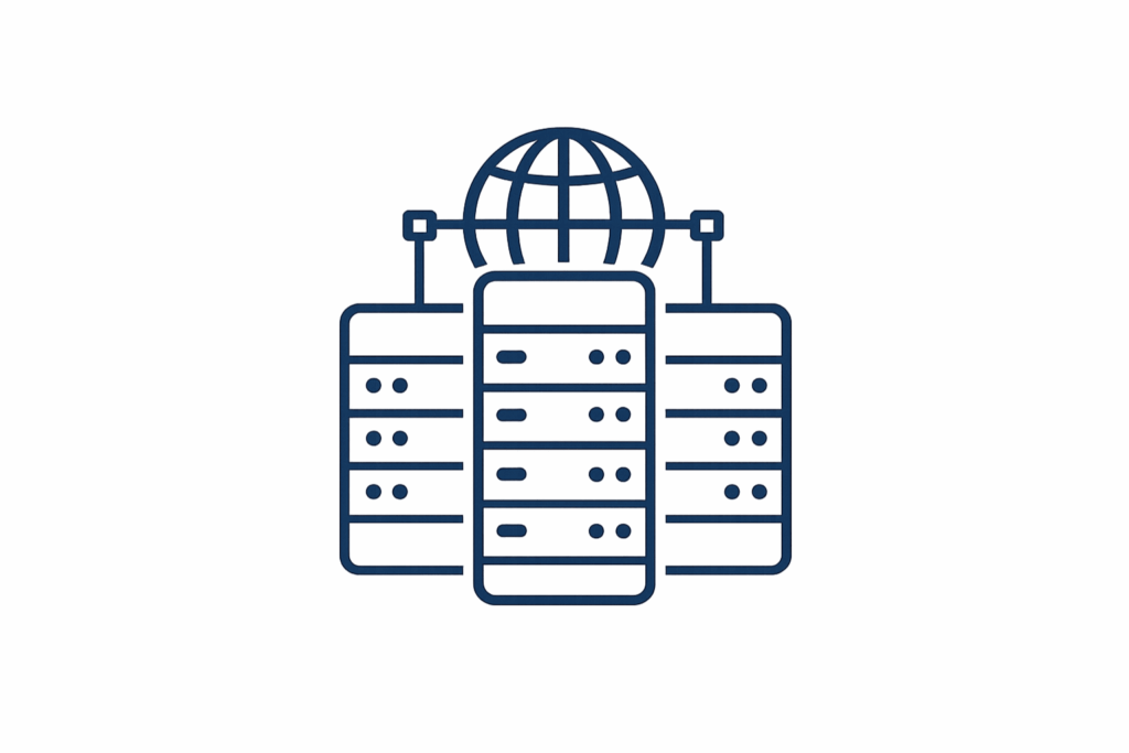 Icône d’un bâtiment de serveurs et d’un globe